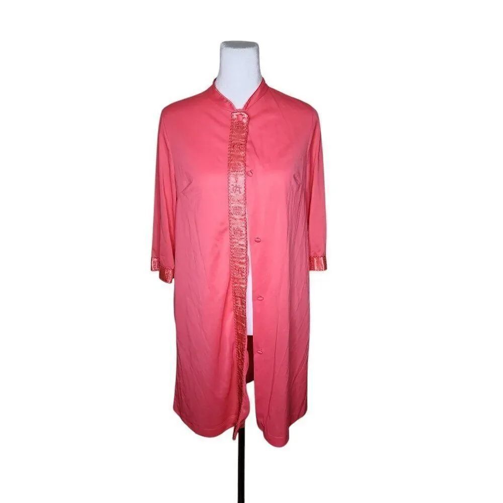 Vintage 1960s Long Sleeve Asian HouseāCoat Womens Size M Coral Pink Nylon